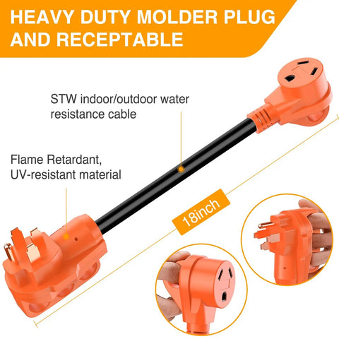 Heavy Duty 50 To 30 Amp Rv Power Adapter Cord 18 Inch Dogbone Converter Plug shown with orange plugs and black cable.