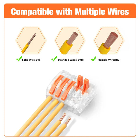 Product focus keyword: Kickstart Your Electrical Projects With This Awesome 60 Pc Wire Connector Kit That Splices Up To 5 Conductors Fast Using Push In Lever Nuts For Easy Diy Wiring Repairs And Solid Connections Anywhere. Compatible with solid, stranded and flexible wires.