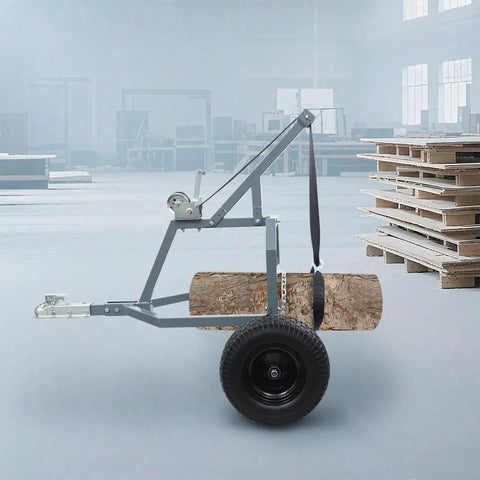 ATV Log Skidding Arch With 1600 Lbs Capacity Rugged Manual Winch showing 24 Inch Log Diameter with 16 Inch Grip Tires in warehouse.