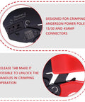 Heavy Duty Ratcheting Crimping Tool For 15 30 And 45 Amp Power Connectors Plus Modular Battery Terminals, showing release tab and crimping area.
