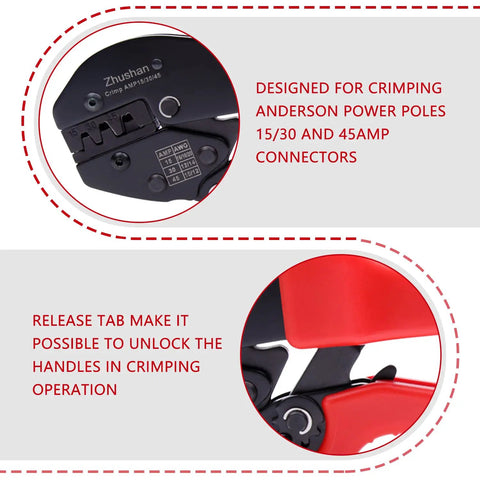 Heavy Duty Ratcheting Crimping Tool For 15 30 And 45 Amp Power Connectors Plus Modular Battery Terminals, showing release tab and crimping area.
