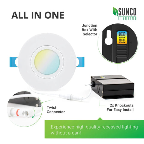 6 Pack Recessed 3 Inch Eyeball Gimbal LED Downlights With Jbox 7W Ultra Slim Canless Dimmable Selectable CCT components
