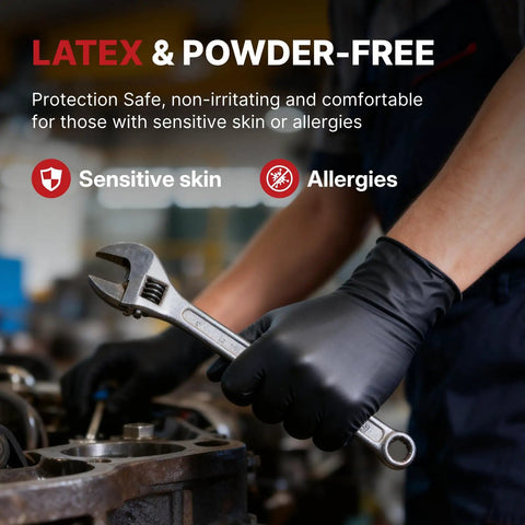 Hand using a wrench while wearing Heavy Duty Nitrile Work Gloves 8 Mil Thick Tough As Nails Textured Grain Grip Powder And Latex Free Job Site Ready Industrial Safety Gloves Black Large 100 Pack.