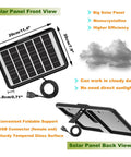 8 Inch Solar Powered Fan With 18W Panel front and back view, foldable support, cloudy day ready