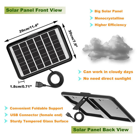 8 Inch Solar Powered Fan With 18W Panel front and back view, foldable support, cloudy day ready