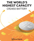 Straight Up Reliable Cr2450 3V Lithium Coin Battery 5 Pack on orange circuit background, showcasing high capacity design.