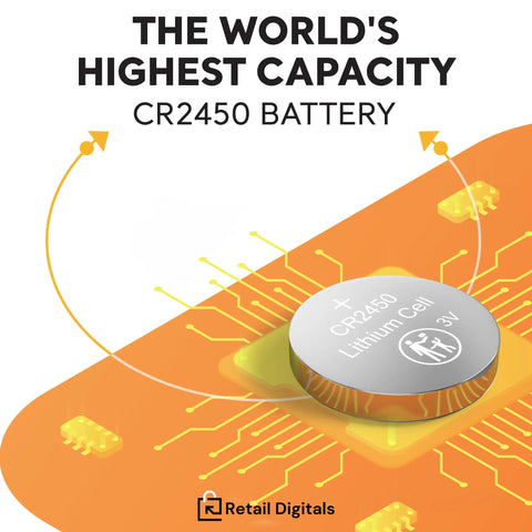 Straight Up Reliable Cr2450 3V Lithium Coin Battery 5 Pack on orange circuit background, showcasing high capacity design.