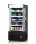 Straight Up Pro Grade Commercial Open Air Merchandiser Refrigerator Cooler With Heavy Duty Sliding Air Curtain Tech, tall display with beverages.