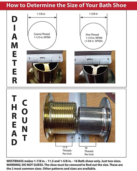 How to determine bath shoe sizes, showing coarse and fine thread measurements, Top Shelf Polished Chrome Bath Tub Drain Body.