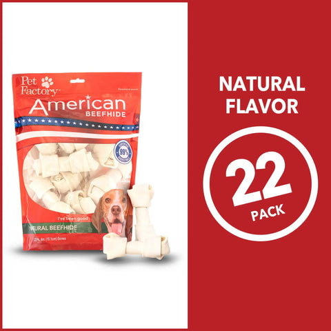 American Beefhide Knotted Bones Dog Chew Treats Four To Five Inch Long Lasting Natural Flavor Twenty Two Count Pack