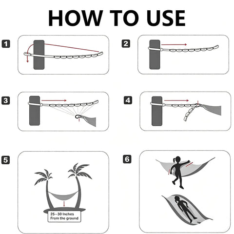 Setup guide for Two Pack Hammock Straps With Carabiners, 13 Feet Total Length, 7 Adjustable Loops, illustrating step-by-step use.