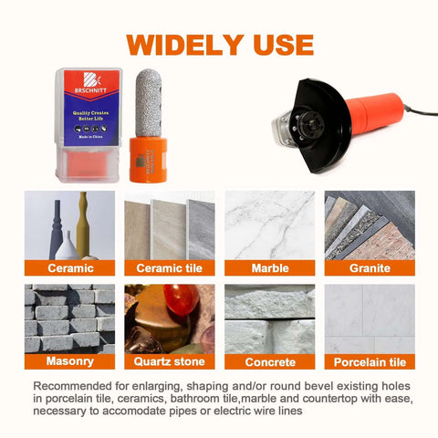 Diamond finger milling bits with 15mm dry core drill 5/8-11 thread, shown with ceramic, marble and granite tiles