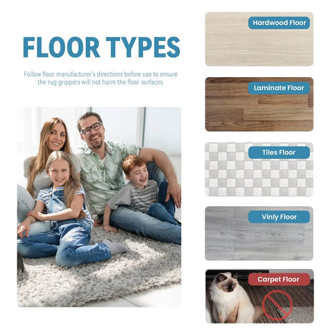 Family sitting on rug with flooring options including hardwood, laminate, tiles, vinyl, and carpet for Large Double Sided Rug Tape.