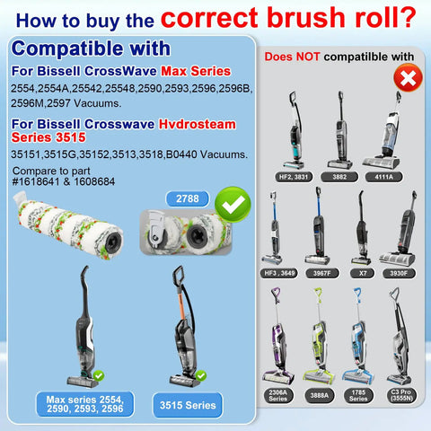 Compatibility guide for 3 Pack Multi Surface Pet Hair Brush Rolls 2788 and Filters 1866 for Bissell CrossWave Max and HydroSteam vacuums.