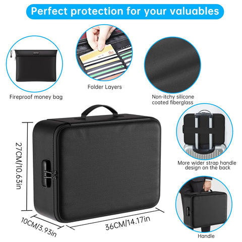 Fireproof Lockable Document Organizer Bag with five layer fireproof and waterproof protection, showing size and handle detail.