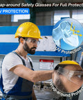 Heavy Duty Clear Safety Glasses 72 Pack Loaded With 72 Silicone Ear Plugs NRR 25DB ANSI Z87 1 Certified Impact Proof Eyewear To Keep Your Eyes Safe On Any Weekend Warrior Project Or Work Crew Build. Man wearing wrap-around safety glasses with UV protection.