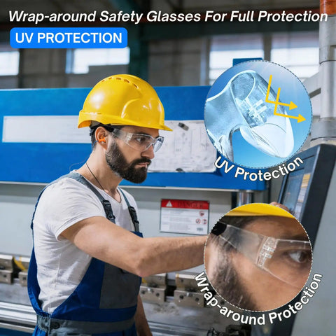 Heavy Duty Clear Safety Glasses 72 Pack Loaded With 72 Silicone Ear Plugs NRR 25DB ANSI Z87 1 Certified Impact Proof Eyewear To Keep Your Eyes Safe On Any Weekend Warrior Project Or Work Crew Build. Man wearing wrap-around safety glasses with UV protection.