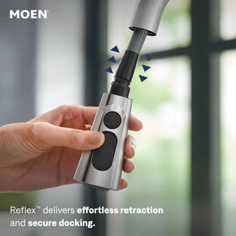 Moen Swyre Pulldown Kitchen Faucet, Chrome, 87508 spray head with secure docking technology and easy retraction feature.
