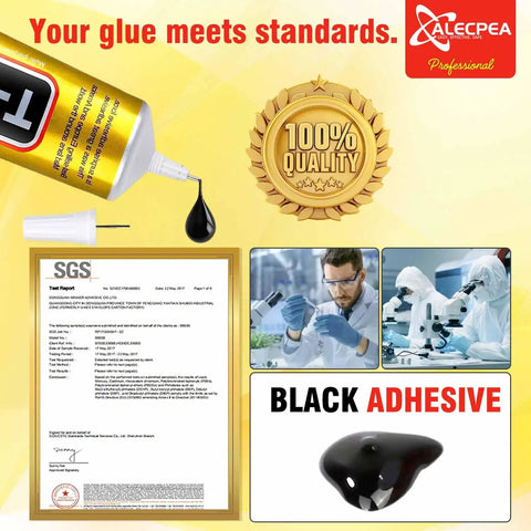 T7000 Black Adhesive Glue 2 Pack 15ml Tubes, lab tests, 100% quality badge, and close-up of black glue. Upgrade T7000 Black Adhesive Glue 2 Pack 15ml Tubes High Performance Waterproof Bond For Precise Repairs On Phones Electronics Jewelry Cameras And Crafts.