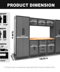 Product dimension diagram for Nine Piece Steel Garage Cabinet Set With Locking Storage and Rolling Chest in Black and Grey.