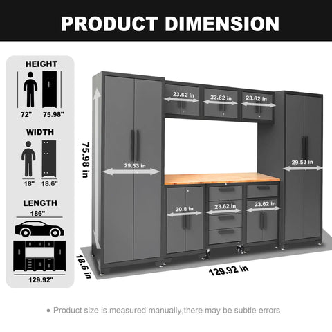 Product dimension diagram for Nine Piece Steel Garage Cabinet Set With Locking Storage and Rolling Chest in Black and Grey.