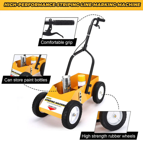 High Performance Parking Lot Line Striper For Inverted Spray Paint With 8 Inch Heavy Duty Wheels Professional Inverted Spray Paint Compatible Easy To Use Lane Marking Machine Durable Yellow showing a front view with paint storage and handle.