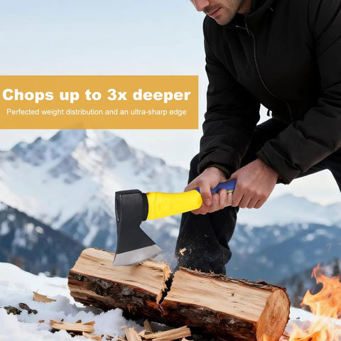 14 Inch Wood Hatchet For Serious Outdoorsmen used for chopping firewood in snowy mountains