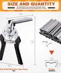 Heavy Duty Hog Ring Pliers Kit With 1200 Galvanized M Clips Pro Grade Manganese Steel Hand Tool with dimensions and M clips.