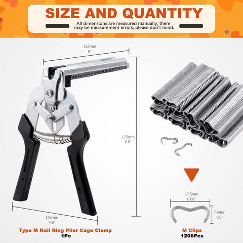 Heavy Duty Hog Ring Pliers Kit With 1200 Galvanized M Clips Pro Grade Manganese Steel Hand Tool with dimensions and M clips.