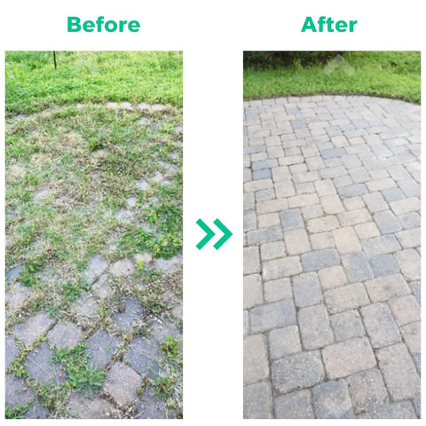 Before and after using 29 Inch Long Manual Crack Weeder For Sidewalk Crevices And Paver Edges Metal Handle Weed Puller Crevice Weeding Tool