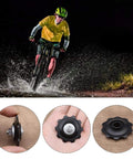 4X 10T Bicycle Gear Mech Pulley Jockey Wheel Kit Universal For 5,6,7,8 Speed Derailleur with cyclist riding in background