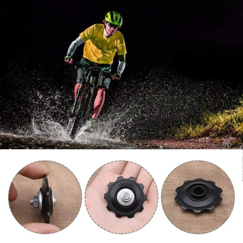 4X 10T Bicycle Gear Mech Pulley Jockey Wheel Kit Universal For 5,6,7,8 Speed Derailleur with cyclist riding in background