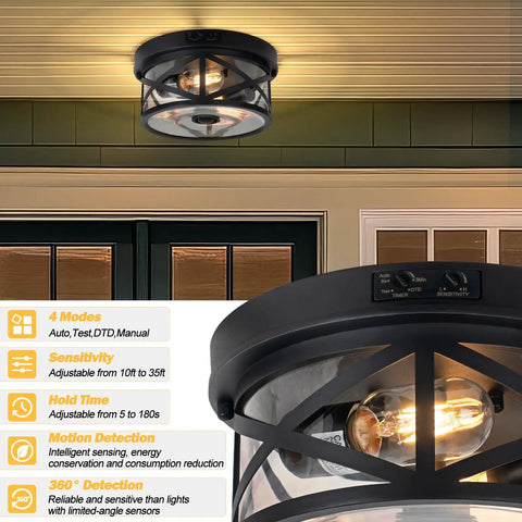 Kickass Motion Sensor Outdoor Ceiling Light Black Flush Mount sensor settings and design details for porch and patio use.