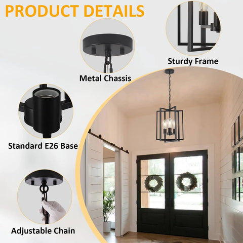 Straight Up Matte Black 3 Light Farmhouse Chandelier With Adjustable Height And Solid Metal Cage Build Perfect For Your Kitchen Island Dining Room Or Entryway Level Up Your Home Game Today showing metal chassis and adjustable chain.