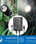 All In One Outdoor Landscape Lighting Kit showing dusk to dawn operation with 8 aluminum 3W lights and 60W transformer