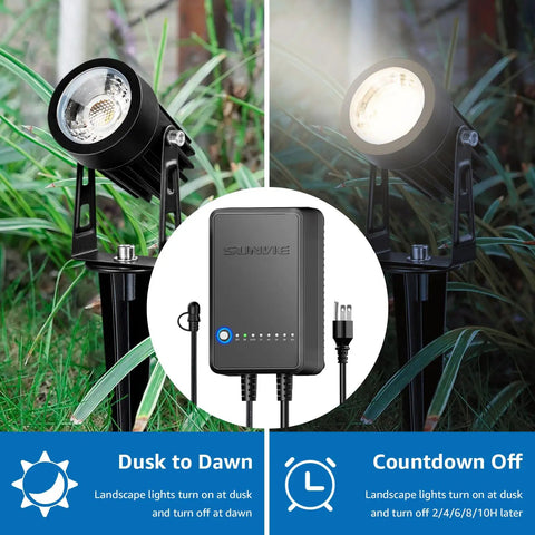 All In One Outdoor Landscape Lighting Kit showing dusk to dawn operation with 8 aluminum 3W lights and 60W transformer