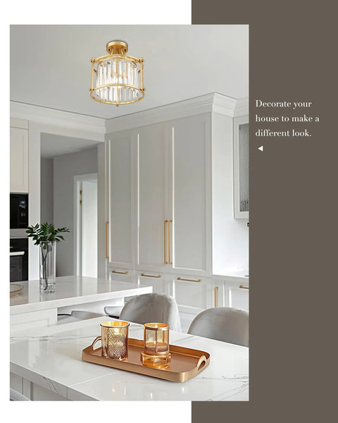 Kitchen with Crystal Semi Flush Mount Chandelier With Gold Finish Open Cylinder Frame Enclosing Clear Crystals Modern Ceiling Light