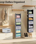 Six Shelf Hanging Closet Organizer With Three Drawers And Side Pockets In Gray for organized clothing storage in a closet