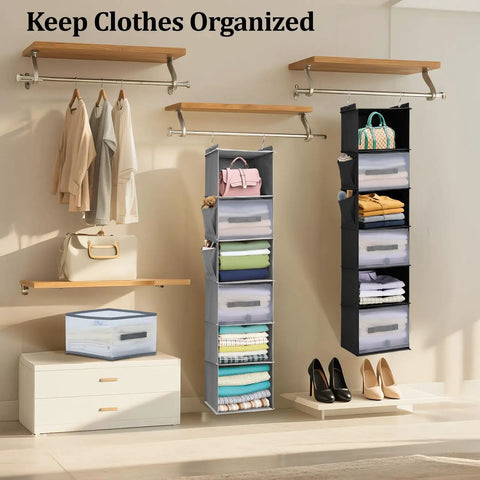 Six Shelf Hanging Closet Organizer With Three Drawers And Side Pockets In Gray for organized clothing storage in a closet