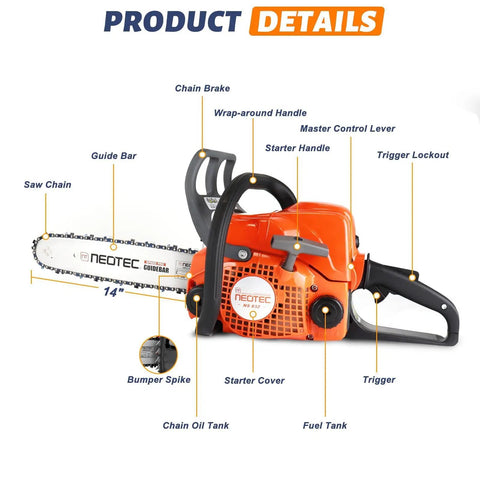 Gas Powered Chainsaw With 14 Inch Top Handle 2 Stroke Motor Easy Start Ergonomic Wrap Around Grip All Day Wood Cutting
