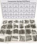 Front view of compression springs kit (225pcs) in clear plastic organizer; stainless steel springs in 24 sizes.