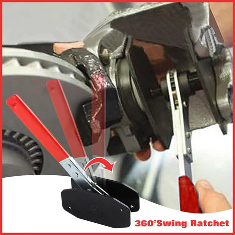 360 Degree Adjustable Brake Caliper Compression Tool With Piston Spreader in use, showing ratcheting and 360° reversible action.