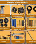 Line boring machine parts kit: oil can, brackets, sleeve, centering cones, boring bar, bolts, screws, wrench.