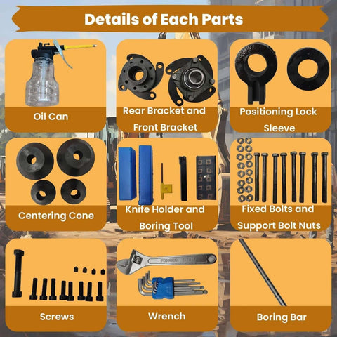 Line boring machine parts kit: oil can, brackets, sleeve, centering cones, boring bar, bolts, screws, wrench.