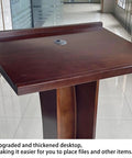 Killer Slick Wooden Curved Podium Stand With Adjustable Height And No Fuss Rolling Base close-up of thickened desktop for easy item placement.