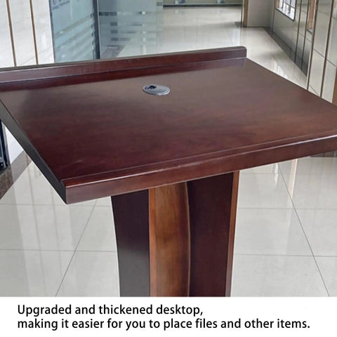 Killer Slick Wooden Curved Podium Stand With Adjustable Height And No Fuss Rolling Base close-up of thickened desktop for easy item placement.