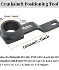 Crankshaft positioning tool for Ford engines, dimensions labeled, black metal, compatible with multiple Ford engine models