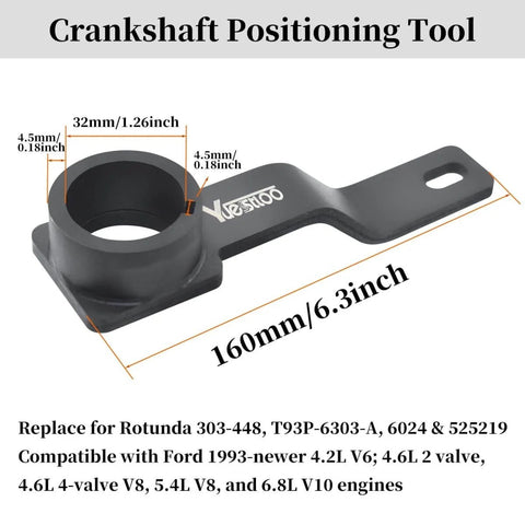 Crankshaft positioning tool for Ford engines, dimensions labeled, black metal, compatible with multiple Ford engine models