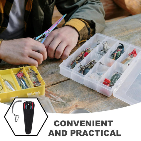 Toddmomy long-nose fishing pliers, stainless steel with line cutter, shown with tackle boxes