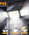 Solar Motion Sensor Outdoor Lights Waterproof 3000LM 3 Modes IP65 LED Flood Wall Light installed on house in rain.